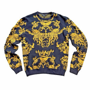 Guess Men's Gold Baroque Style Black Sweater Small Preowned
